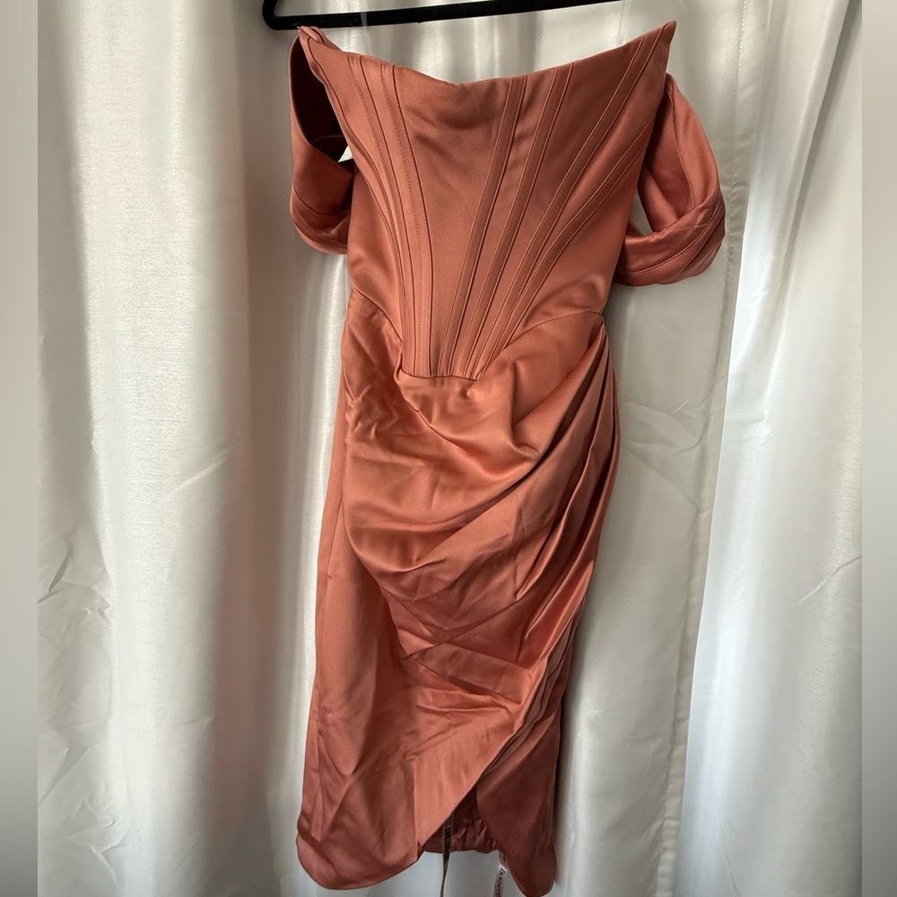 House of CB Loretta Blush Satin Off-Shoulder Dress